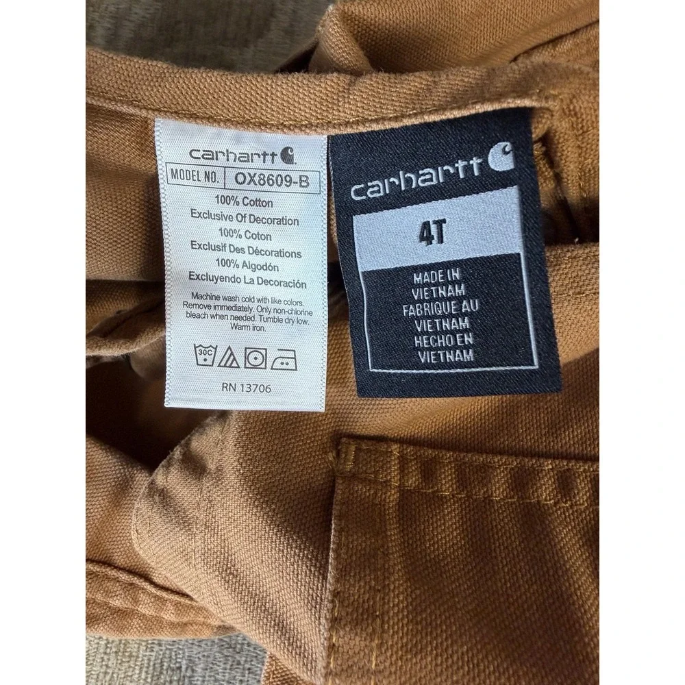 Carhartt Youth Kids Size 4T Bibs Brown Double Knee Bib Overalls Pockets Pants